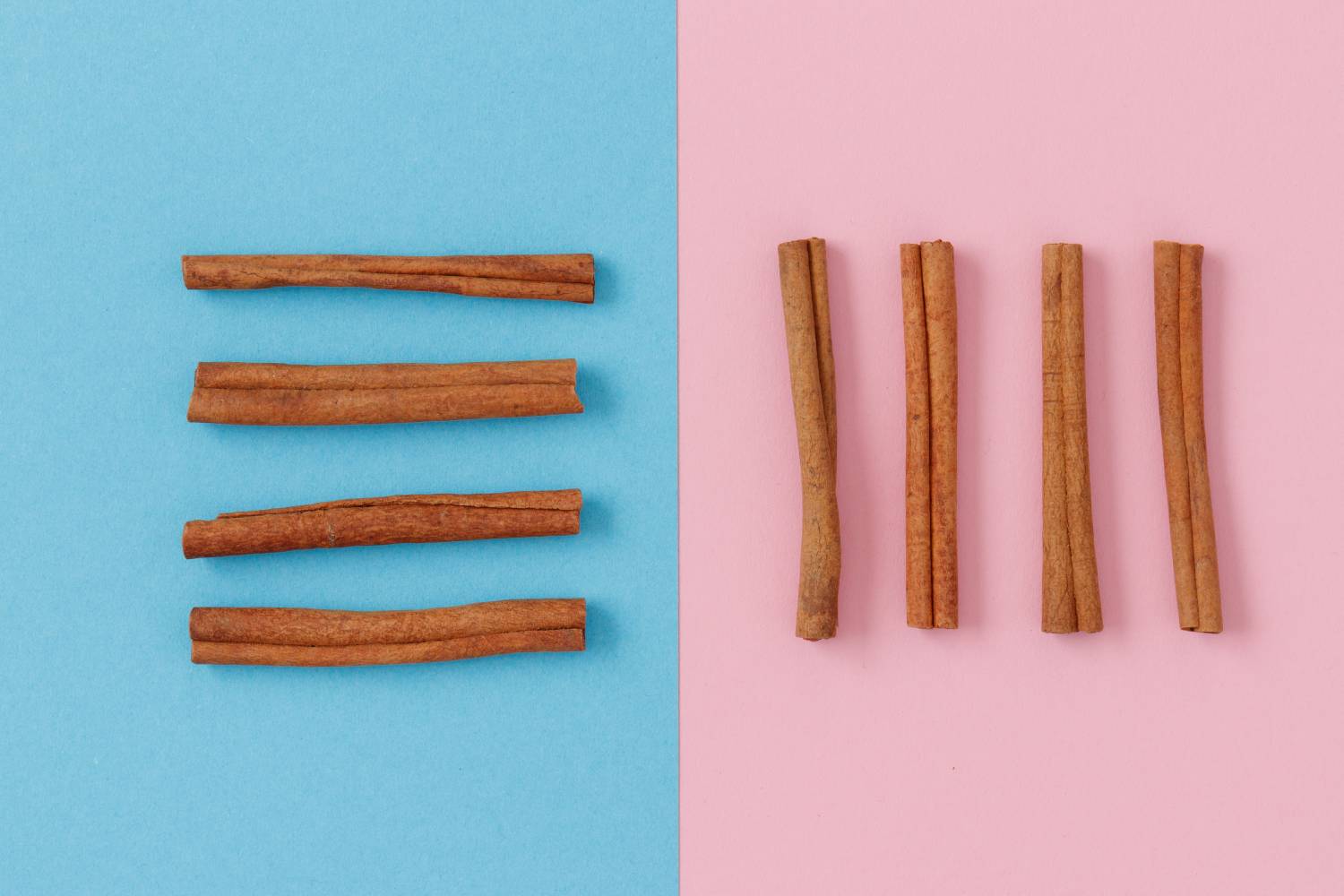 parallel angeordnete Zimtstangen vor rosa und blauem Hintergrund